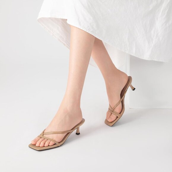 Athlefit Women's Camel Polyurethane Square Open Toe Kitten Heels Thong Sandals - Picture 6 of 6